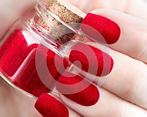 Velvet nails. Fashion trendy red fluffy nailart design
