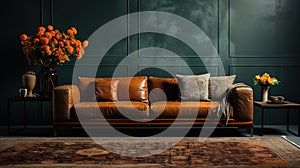 A Velvet Orange Sofa with a Dark Gray Empty Rustic Wall Behind Persian Rug on Floor Lux Side Table in Living Room Background