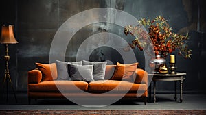 A Velvet Orange Sofa with a Dark Gray Empty Rustic Wall Behind Persian Rug on Floor Lux Side Table in Living Room Background