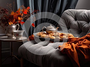 Velvet Reprieve: Chaise Lounge with Silk Cushions and Autumnal Tea Setting on a Gradient Gray Canvas