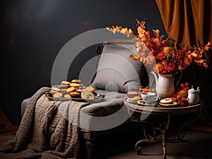 Velvet Reprieve: Chaise Lounge with Silk Cushions and Autumnal Tea Setting on a Gradient Gray Canvas