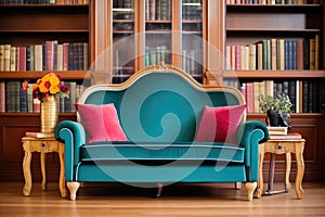 velvet settee with side book towers in a victorianstyle room photo