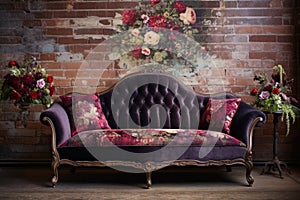 a velvet upholstered victorian sofa against a brick wall backdrop