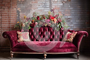 a velvet upholstered victorian sofa against a brick wall backdrop