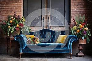 a velvet upholstered victorian sofa against a brick wall backdrop