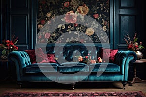 a velvet-upholstered victorian sofa in a modern setting