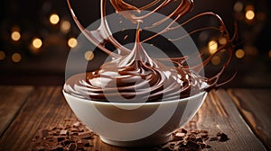 Velvety chocolate cream flows from a whisk, enriching a table-bound bowl, Ai Generated