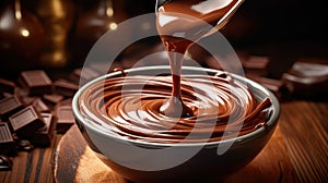 Velvety chocolate cream flows from a whisk, enriching a table-bound bowl, Ai Generated