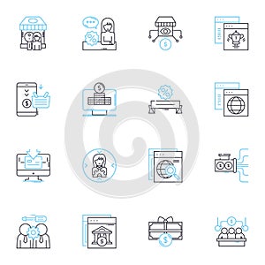 Vend Merchandise linear icons set. Sales, Vending, Products, Pop-up, Kiosk, Retail, Inventory line vector and concept photo