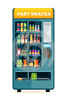 Vending food drink machine. Chips soda snack biscuits sandwich automatic product drink display acceptor assortiment photo