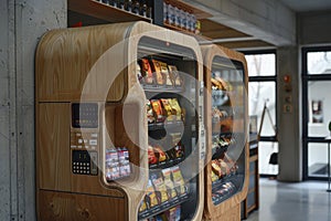A vending machine with a bench next to it