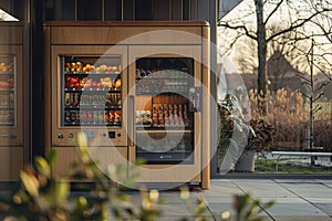 A vending machine with a bench next to it