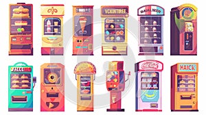 Vending machine cartoon modern illustration set with snacks, ice cream, soda, coffee, gum, chocolate donuts, and