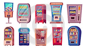 Vending machine. Cartoon snack and cold beverage vending machine, sweet candy and cold drink vending equipment