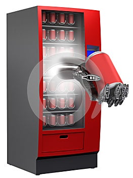 Vending machine with cyborg hand and beverage in c