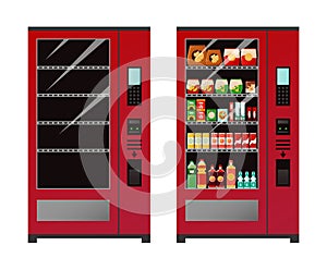 Vending machine. Empty and full automat of snacks or drinks. Equipment for sale of food. Device for buying bottled water photo