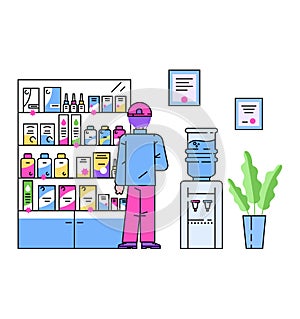 Vending machine with food, drink, male character standing water dispensary, store wardrobe line flat vector illustration photo