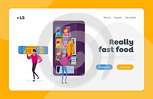 Vending Machine Food Landing Page Template. Girl Character Put Coin for Buying Various Snacks from Automate