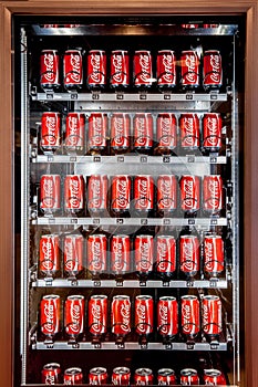 Vending machine full of coca-cola cans in Moscow, Russia