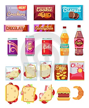 Vending machine products packaging flat icons