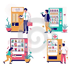 Vending machine set with characters, vector isolated illustration