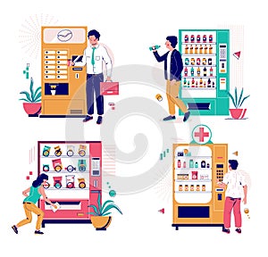 Vending machine set with characters, vector isolated illustration photo