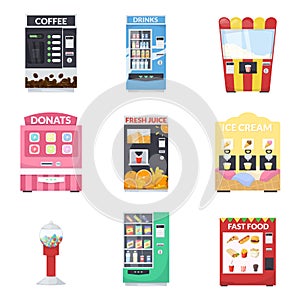 Vending machine set. Vend food or beverages, ice-cream, juice, popcorn, coffee, donat. Isolated on white background
