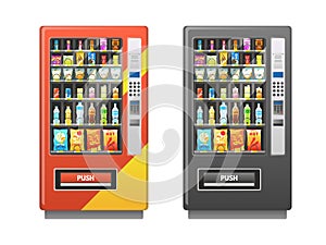 Vending machine. Snacks sandwich biscuit chocolate drinks juice beverages pack, sale retail mechanism, flat vector