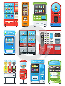 Vending machine vector vend food or beverages with candies and vendor machinery technology to buy snack or drinks photo