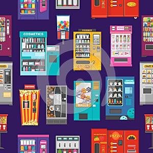 Vending machine vector vend food or beverages and vendor machinery technology to buy snack or drinks illustration set