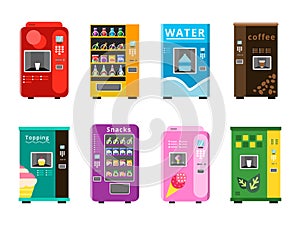 Vending machines. Automatic selling foods snacks and drinks coffee ice cream and popcorn vector flat illustrations