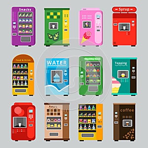 Vending machines collcetion. Merchandise concept with automatic selling various snacks water coffee and crisp food