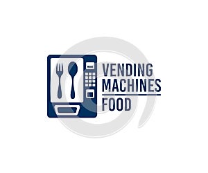Vending machines on sale of food and snacks, logo design. Buying food in packaging and food packs, automatic selling or sell, cons
