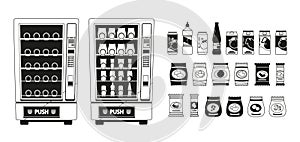 Vending Machines With Snacks And Beverages Black And White Icons Set. Modern Devices Offering A Tempting Array Of Treats