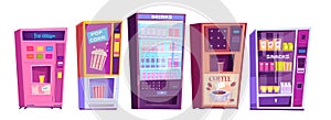 Vending machines with snacks and drinks icons set