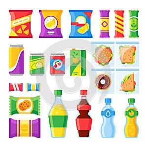 Vending products. Snacks, chips, sandwich and drinks for vendor machine bar. Cold beverages and snack in plastic package vector