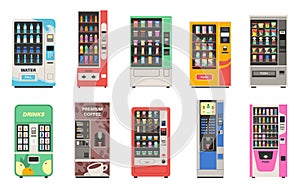 Vending snack machine. Automatic vendor for food sale, drinks, chocolates, sandwiches and chips assortment, selling photo