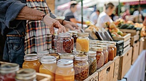 A vendor arranging jars of homemade jams and preserves on a table as customers stop by to taste and inquire about the