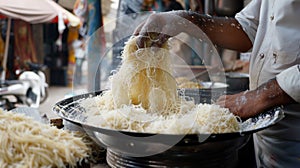 A vendor expertly shaping delicate strands of vermicelli for the delicious dessert dish khurma enjoyed during Eid alFitr
