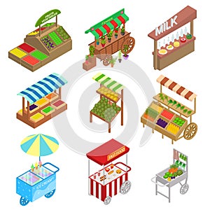 Vendor Food Street Signs 3d Icons Set Isometric View. Vector