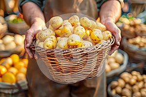 Vendor proudly presents a basket full of fresh, organic potatoes