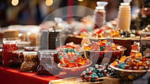 a vendor's stall filled with an array of holiday goodies, from handmade crafts to festive treats. the vibrant colors