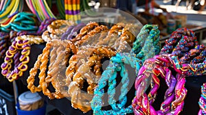 A vendor selling colorful strings of pretzel necklaces perfect for snacking on while enjoying a cold beer