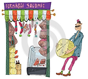 A vendor standing in front of traditional italian food  store