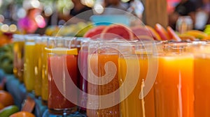 Vendors offering free tastes of their freshly squeezed juices made from locally grown fruits photo