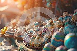 Vendors stall with plethora of decorated Easter eggs closeup