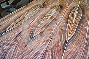 Veneer Santos Rosewood. Wood texture. Woodworking and carpentry production