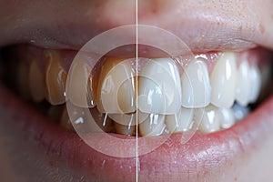 veneers treatment, Yellow Teeth before and after whitening. Happy smiling person. Generation AI