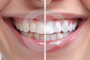 veneers treatment, Yellow Teeth before and after whitening. Happy smiling person. Generation AI