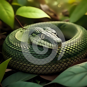 Venemous serpent camouflaged among the leaves - generated by ai